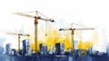 simple vector illustration, simple design, blue en yellow, rebuilding ukraine after the war, high cranes building a skyscraper.