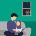 Simple Vector illustration drawing of Asian Muslim father reading Quran with his daughter with a happy smile together. Muslim