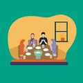 Simple Vector illustration drawing of Asian Muslim people praying before having their food in the dining room together for Royalty Free Stock Photo