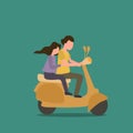 Simple Vector illustration drawing of the couple riding motorcycle. Man driving scooter and woman are passenger while hugging. Royalty Free Stock Photo