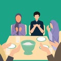 Simple Vector illustration drawing of Eid Mubarak Muslim people praying before iftar dinner. Eating traditional food during Royalty Free Stock Photo