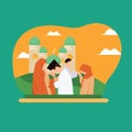 Simple Vector illustration drawing of Image of Muslim families forgive each other, sons to mother, father daughters. Back Fitri on