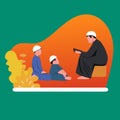 Simple Vector illustration drawing of Muslim father as a parent reading Islam holy book, Al Quran, to his children and son in the