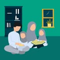 Simple Vector illustration drawing of Portrait of happy Muslim family with children reading the Quran and praying together at home Royalty Free Stock Photo