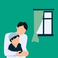 Simple Vector illustration drawing of Religious Asian Muslim Man teaching his little son to pray to God with rosary at home.