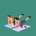 Simple Vector illustration drawing of two young sporty women working out pose pilates push up together in the fitness gym center. Royalty Free Stock Photo