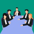 Simple Vector illustration drawing of young happy businessmen and businesswomen sitting on the same desk together giving a thumbs-