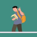 Simple Vector illustration drawing of young happy elementary school boy student carrying a stack of books and giving thumbs-up Royalty Free Stock Photo