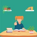 Simple Vector illustration drawing of young happy elementary school girl student studying in the library and reading stack of a