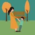 Simple Vector illustration drawing of young happy mom and her son holding hands and dancing together graphic vector illustration.