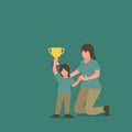 Simple Vector illustration drawing of young mom congratulates her daughter who wins first place trophy at study competition. Happy