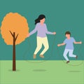 Simple Vector illustration drawing of a young mother and his son train jumping with skipping rope at the park near home. Happy Royalty Free Stock Photo