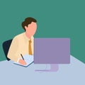 Simple Vector illustration drawing of a young pensive businessman sitting and watching computer screen to analyze data company. Royalty Free Stock Photo