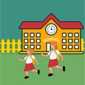 Simple Vector illustration of elementary school students both boys and girls were running on the side of the road avoiding being