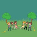 Simple Vector illustration about a group of children playing tug of war. Kids playing tug of war at the park. Girls and boys pull Royalty Free Stock Photo