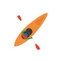 Simple vector illustration with man on the sea kayak. View from above.