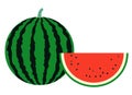 A simple vector illustration of a typical summer fruit, a large striped watermelon and a red watermelon cut in half moons.