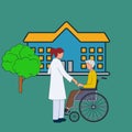 Simple Vector illustration young female doctor visiting and handshaking the patient with wheelchair in the hospital. Line art Royalty Free Stock Photo