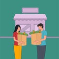 Simple Vector illustration of a young happy couple holding grocery paper bag after shopping at the grocery store together. Buying Royalty Free Stock Photo