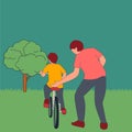 Simple Vector illustration of a young son learning to ride a bicycle with his father at an outdoor park. Parenthood lesson. Family