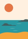 Simple vector landscape poster with hills, red sun, sea, vintage oriental style. Warm retro red, yellow, beige, green Royalty Free Stock Photo