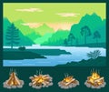 Simple vector landscape with silhouettes of trees, mountains, set of four icons with bonfire Royalty Free Stock Photo