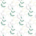 Simple vector leaves seamless pattern. Pastel colored twigs with abstract circles on white background Royalty Free Stock Photo