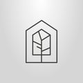 Simple vector line art geometric pictogram of tree in a house-shape frame