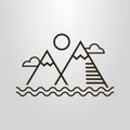 Simple vector line art pictogram of simple landscape with mountains, water waves, clouds and sun Royalty Free Stock Photo