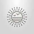 Simple vector line art round abstract sun, sea and seagulls pictogram