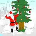 Simple vector, line art, vector of santa claus having fun beside his christmas tree.