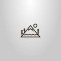 Simple vector line art sign of a triangular mountain with snowy peak, sun, trees and water waves Royalty Free Stock Photo