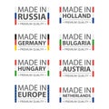 Simple vector logos Made in Germany, Russia, Hungary, Holland, Bulgaria, Austria, Nederland and Made in European Union