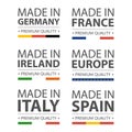 Simple vector logos Made in Italy, Germany, France, Ireland, Spain and Made in European Union. Premium quality. Label