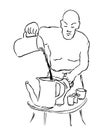 Simple Vector Manual Draw Sketch, Baldy muscle man, preparing drink