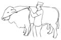Vector Manual Draw Sketch Cow and The Owner