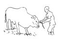 Simple Vector Manual Draw Sketch Cow and The Owner