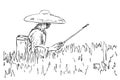 Simple Vector Manual Draw Sketch, Working Farmer at farm