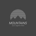 Simple vector mountain logo with hatched line pattern. Rock Mountains landscape geometric camp adventure nature icon logo