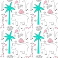 Simple vector pattern with African animals bigmouth and giraffe tropical trees and leafs print. funny linear drawings