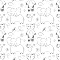 Simple vector pattern with African animals, elephant and tiger, bird, tropical trees and leafs print. funny linear