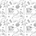 Simple vector pattern with African animals rhinoceros and lion tropical trees and leafs print. funny linear drawings