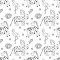Simple vector pattern with African animals, zebra, jaguar and flamingo tropical print. funny linear drawings. cute
