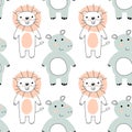 Simple vector pattern with animals, cute children s wallpaper African animals tropical print. funny linear drawings. EPS