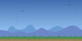 Simple vector pixel art horizontal illustration of mountain range and green grass in the style of old platformer video ga Royalty Free Stock Photo