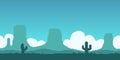 simple vector pixel art horizontal illustration of turquoise landscape of the Great American Desert with rocks and cacti