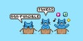 Vector pixel art illustration of cartoon three cats in cardboard boxes with text about non-fungible tokens in speech bubble