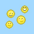 Simple vector pixel art illustration of four cartoon yellow joyful and playful emoticons