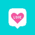 Simple vector pixel art illustration of white speech bubble message with an abstract pink heart and the inscription love Royalty Free Stock Photo