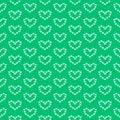 Simple vector pixel art seamless pattern of cartoon cute white heart shape made of hearts on green background